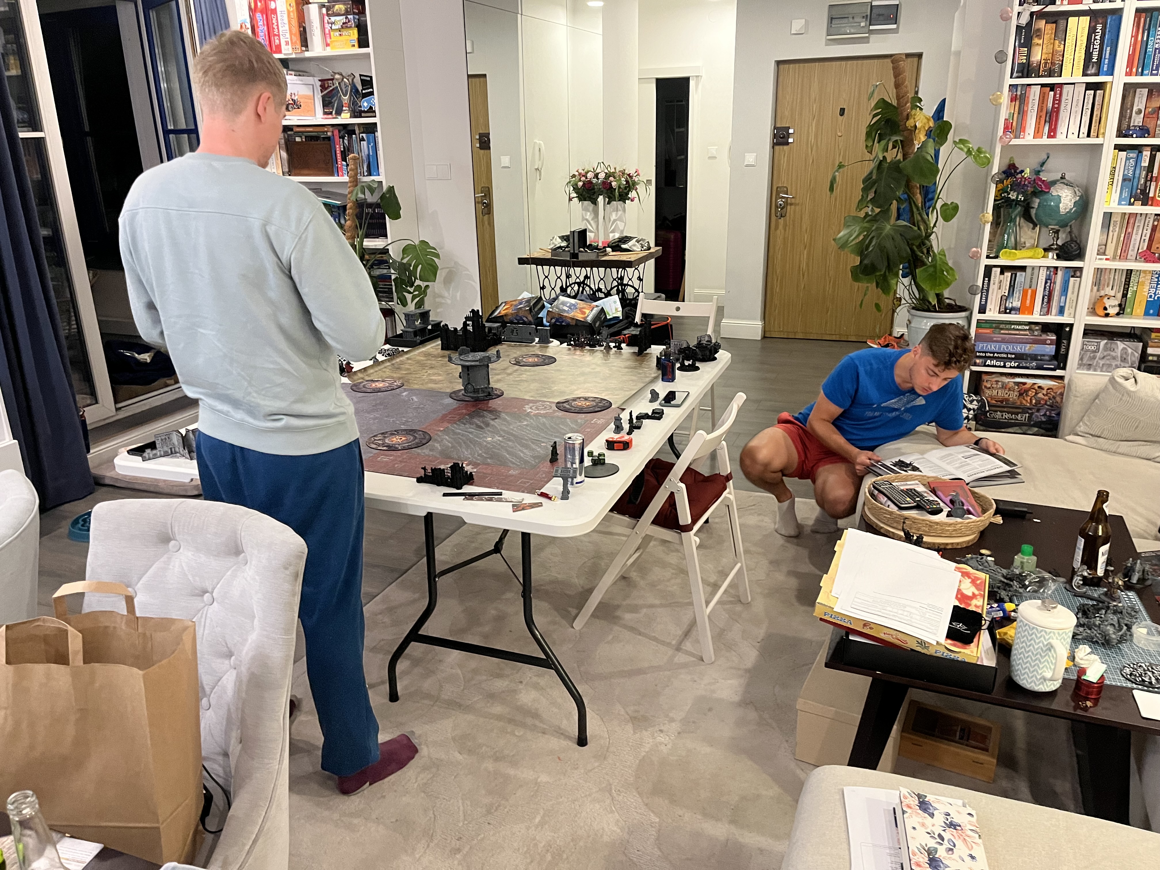 Late-night setup for a 1000-point Warhammer 40,000 game