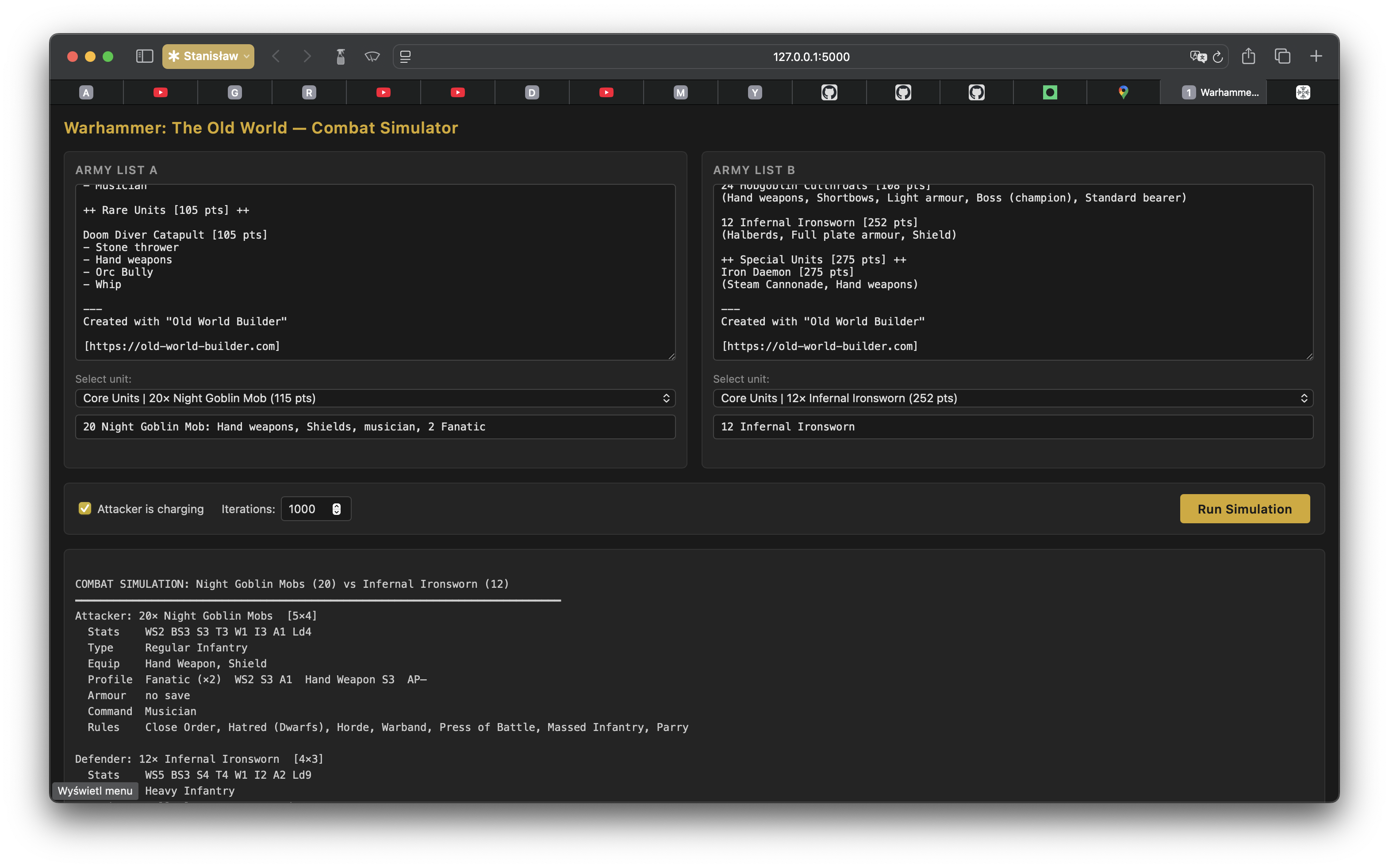 Combat sim UI mockup