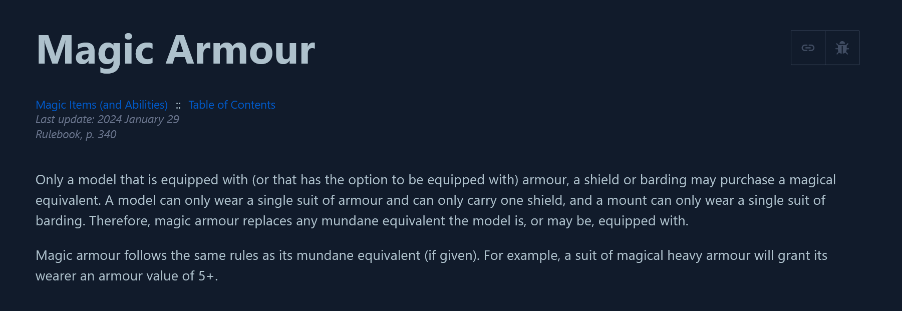 Rulebook excerpt about magic armour requirements