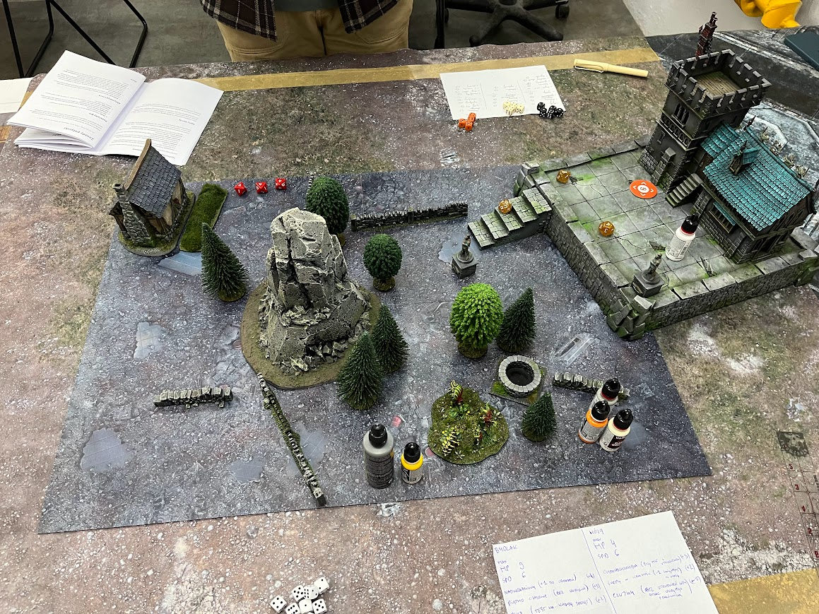 Improvised battlefield with paints and dice