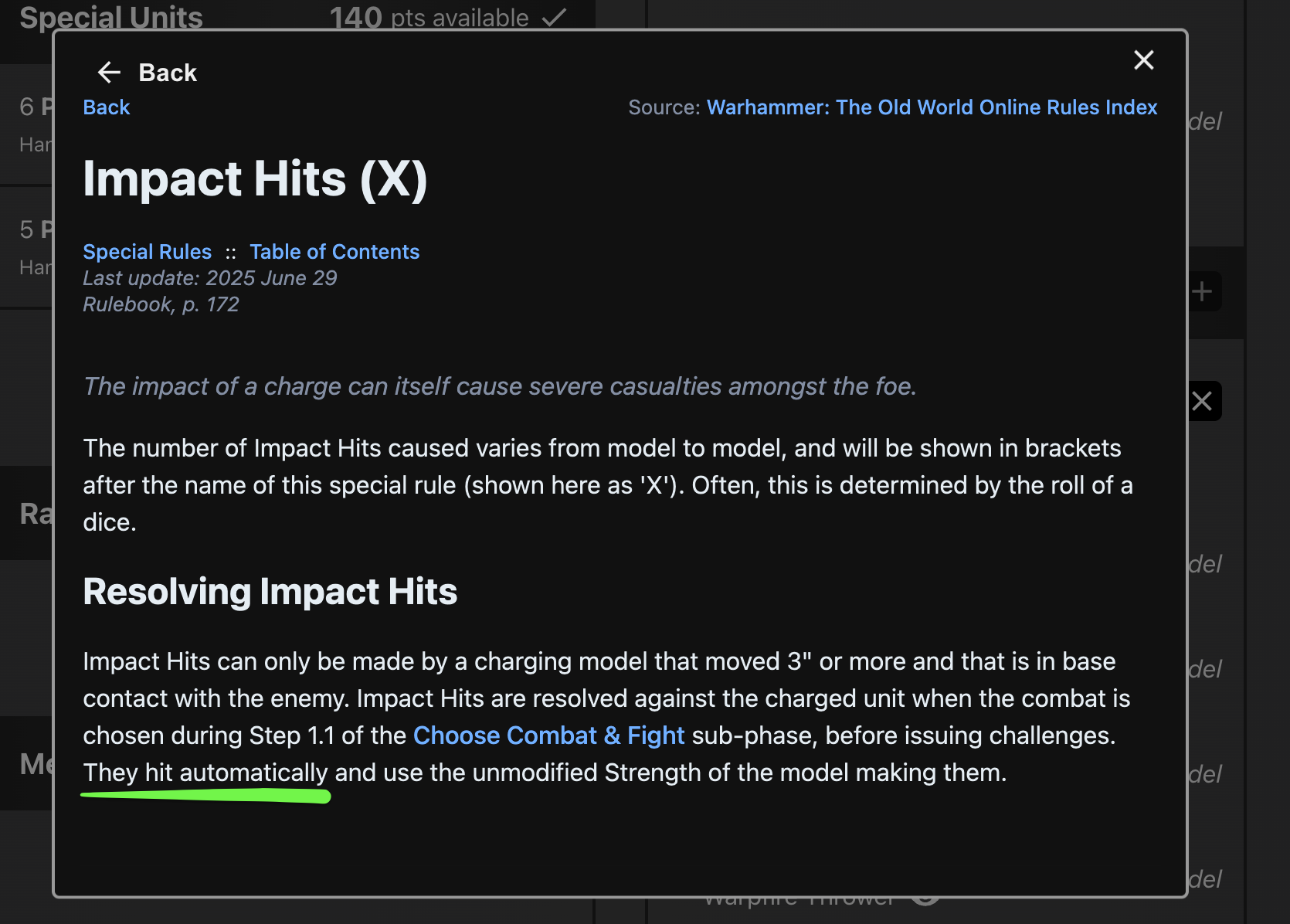 Rules screenshot about impact hits